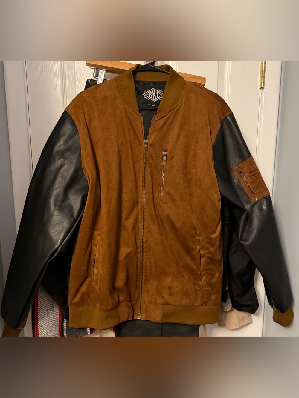 Men's Brown Suede Bomber Jacket with Black Leather Sleeves